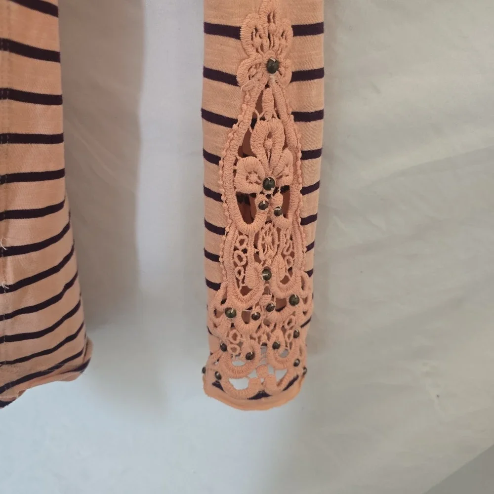 Free People Striped Long Sleeve Top Lace Crochet Sleeve Detail Size M Pink Boho